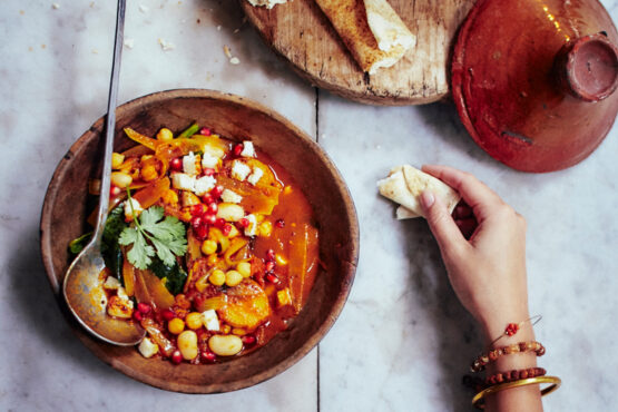 Tajine van zoete aardappelen met kikkererwten