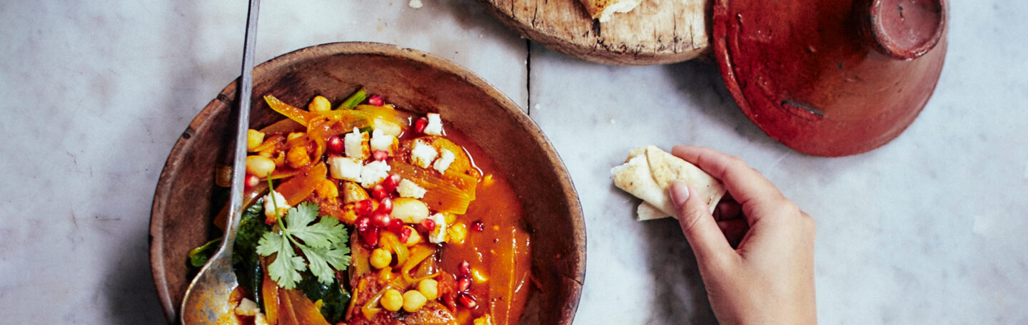 Tajine van zoete aardappelen met kikkererwten