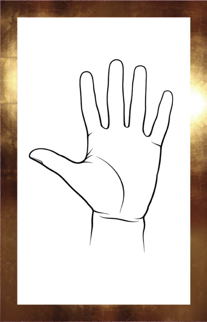 Een hand met daarop een levenslijn, beginnend tussen je wijsvinger en je duim, eindigend in een boog bij je pols