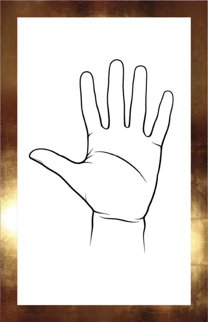 Een hand met daarop je hoofdlijn, beginnend onder de wijsvinger en eindigend halverwege je hand aan de andere kant