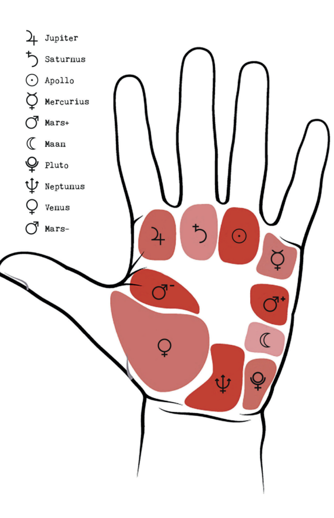 Schema van handlezen met een open handpalm waarop de planetaire zones zijn aangegeven: Jupiter onder de wijsvinger, Saturnus onder de middelvinger, Apollo onder de ringvinger, Mercurius onder de pink, Venus op de muis van de duim, Mars-gebieden aan de binnen- en buitenzijde van de hand, de Maan aan de onderzijde van de handpalm, en Pluto en Neptunus nabij de pols. Illustratie toont welke delen van de hand horen bij specifieke karakter- en levensaspecten.