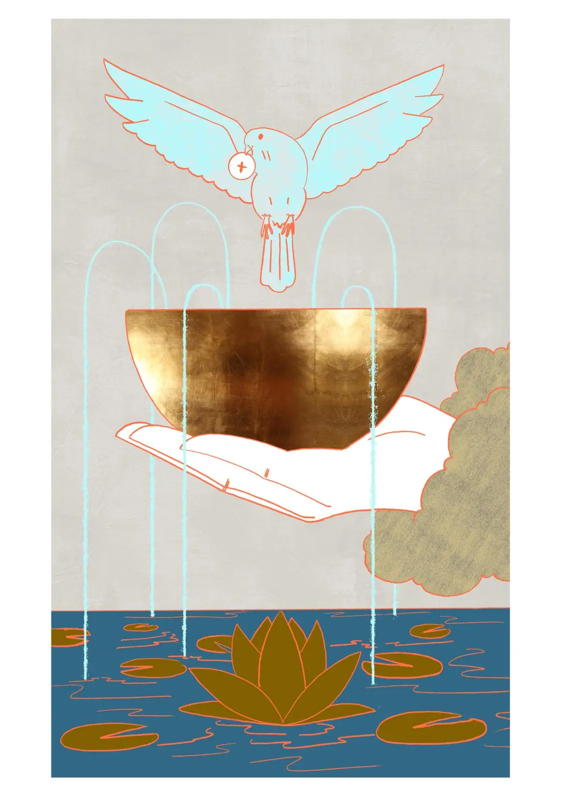 Tarotkaart Aas van Kelken: een hand houdt een gouden beker vast waar water uit stroomt, met een duif erboven.