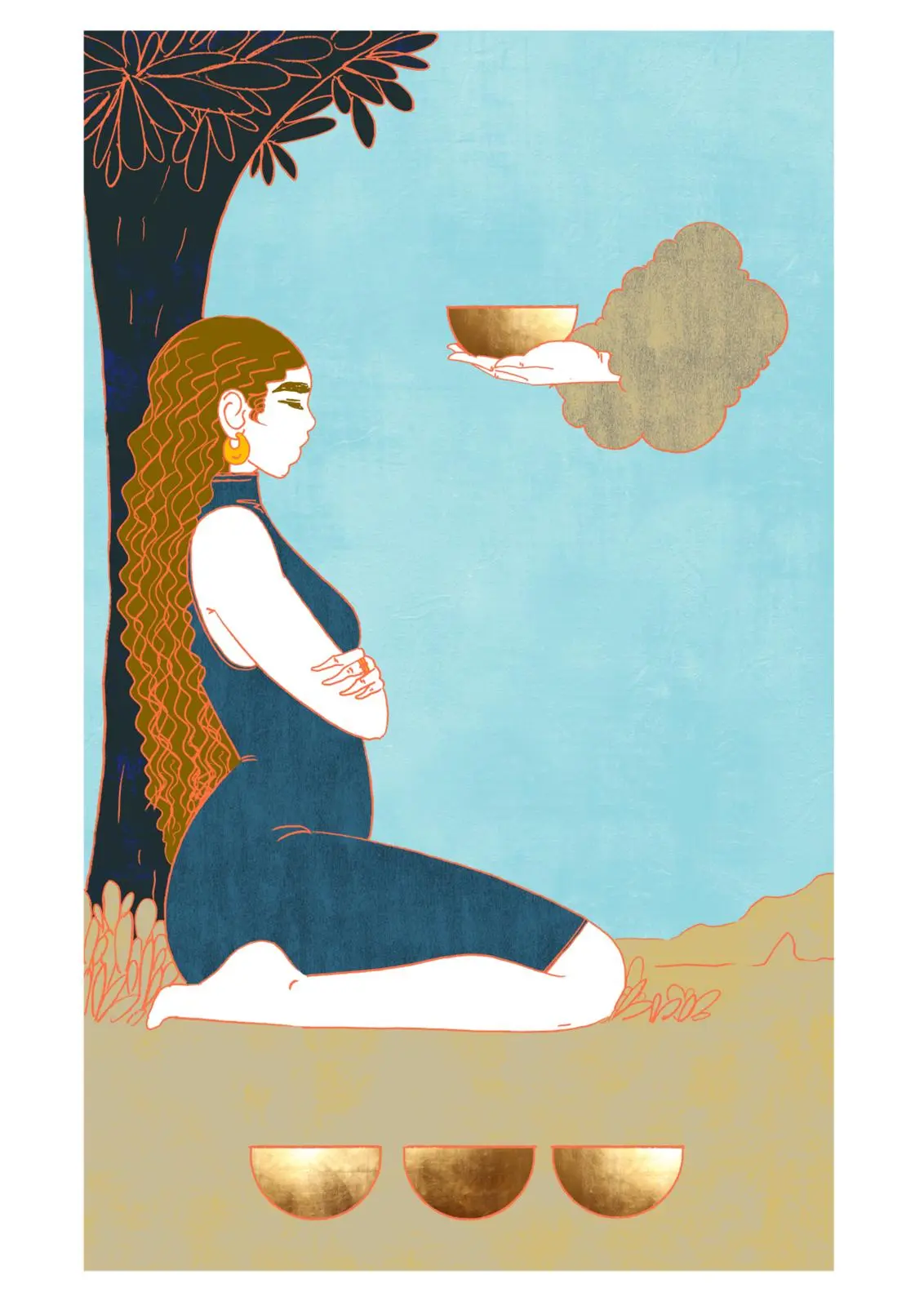 Tarotkaart Vier van Kelken: een figuur zit met drie bekers voor zich terwijl een vierde beker wordt aangereikt.