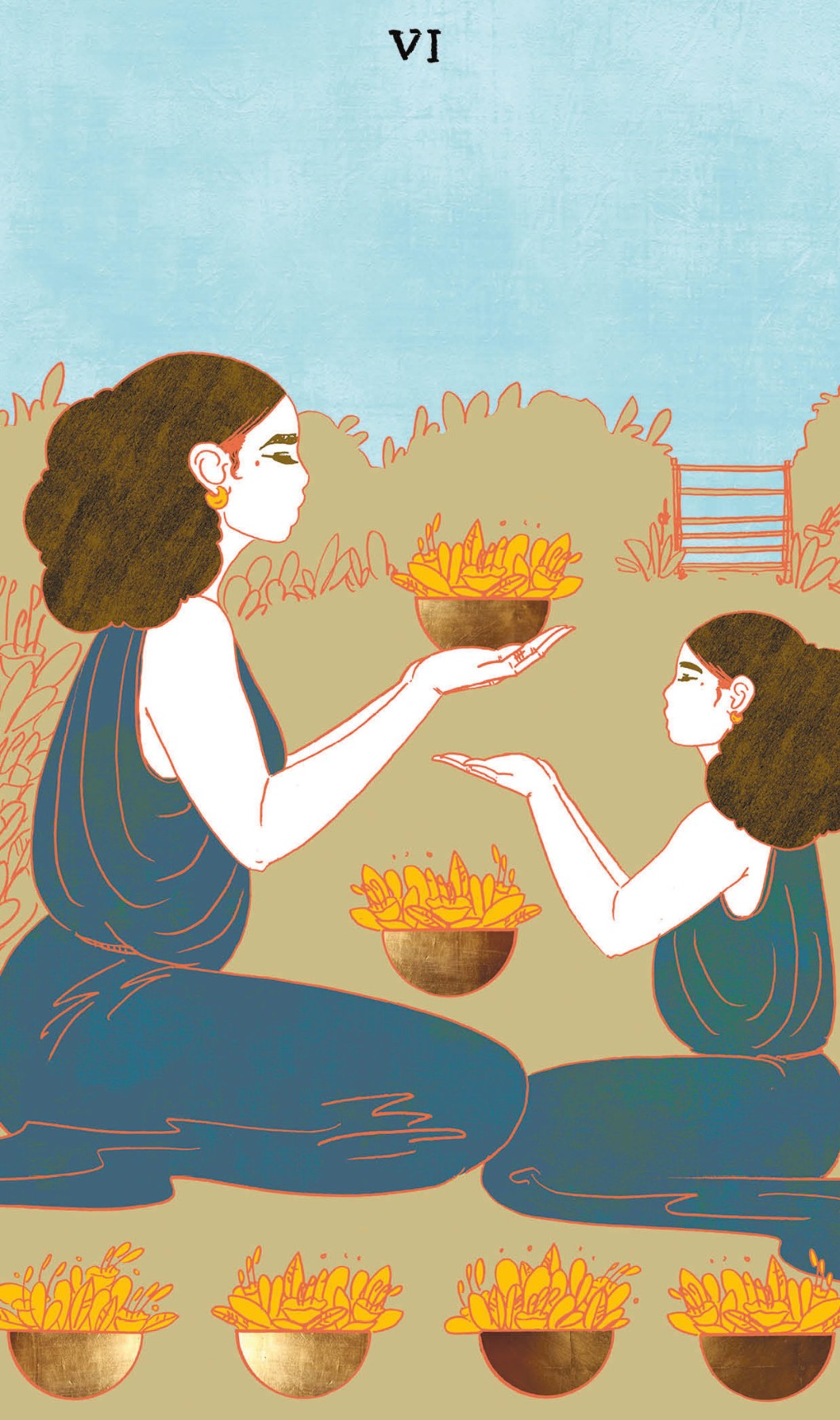 Tarotkaart Kelken Zes: Een vrouw overhandigt een Kelk gevuld met bloemen aan een meisje. Een kleine handeling maar met grote betekenis: het laat zien dat er sprake is van harmonie en genegenheid tussen hen. Vijf andere Kelken staan vlak bij hen. Het meisje staat symbool voor jouw jeugd en voor herinneringen aan je kindertijd. De twee bevinden zich op de binnenplaats van een groot huis, waar hetveilig en prettig is.