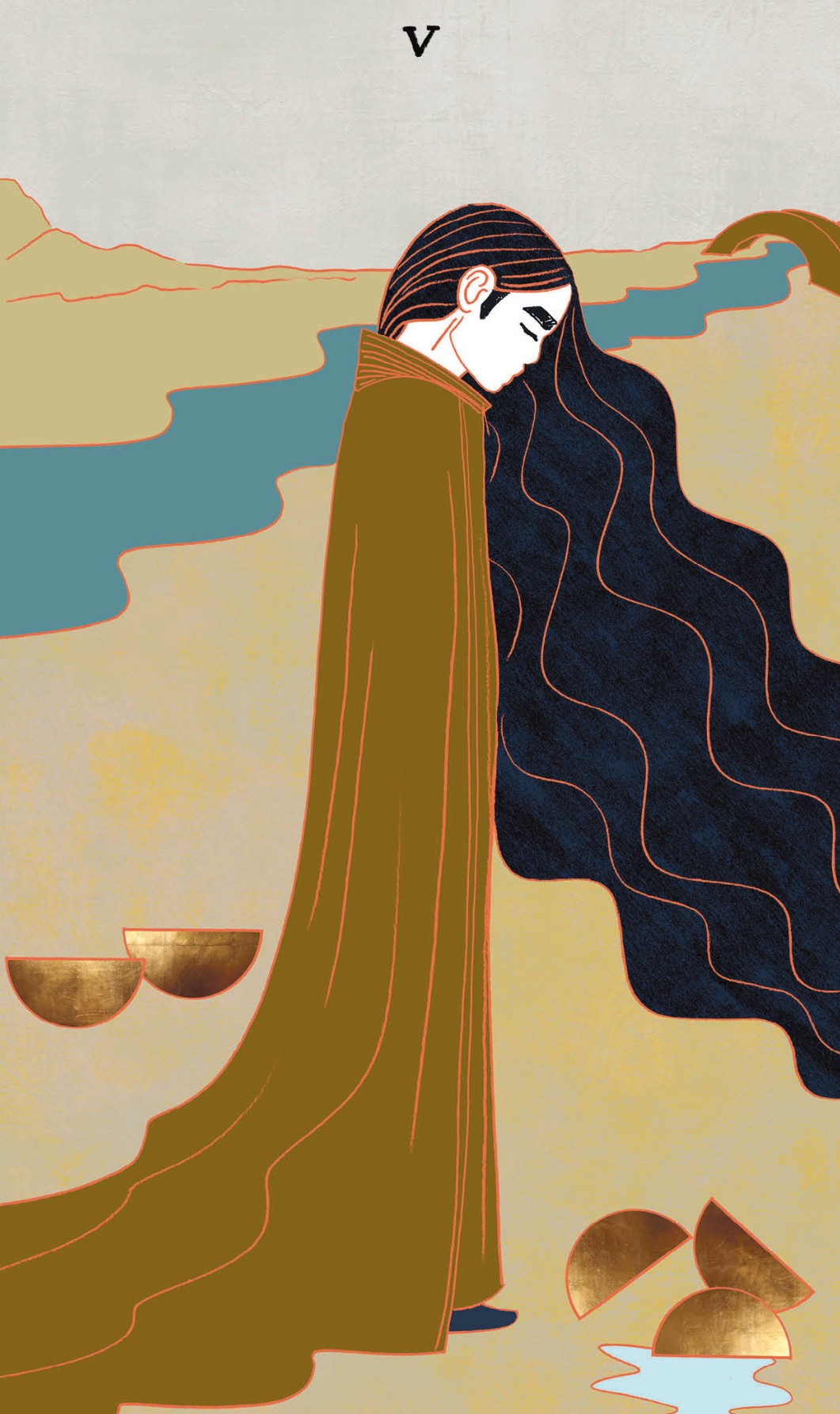 Tarotkaart Kelken vijf: Een man staart naar drie Kelken die zijn omgevallen of misschien omgegooid. Ze verbeelden zijn teleurstellingen en mislukkingen.
Ook al zie je zijn gezicht niet goed, je voelt de wanhoop. Achter hem staan twee Kelken rechtovereind die nieuwe mogelijkheden vertegenwoordigen. Maar de man verliest zich zo in zijn pijn dat hij ze niet opmerkt. In de verte is een brug, die de man naar huis kan brengen, waar het fijn en veilig is. Hij hoeft zich alleen maar om te draaien…