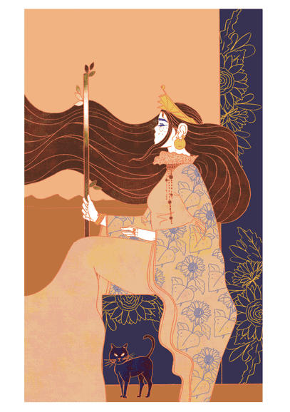 Tarotkaart Koningin van Staven: een zittende figuur houdt een staf vast, met een kat aan haar voeten