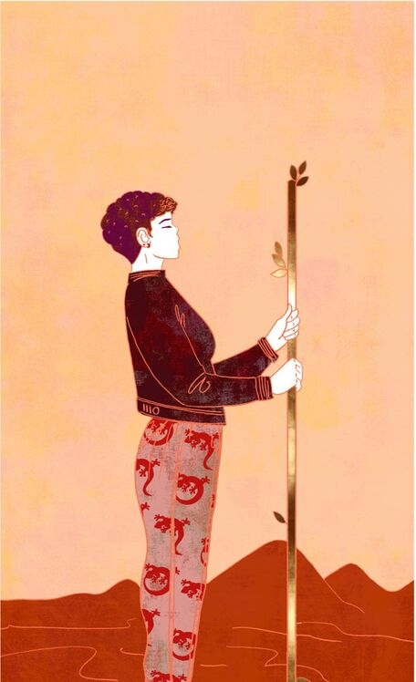 Tarotkaart Page van Staven: een jonge figuur houdt een staf vast en kijkt aandachtig vooruit in een landschap