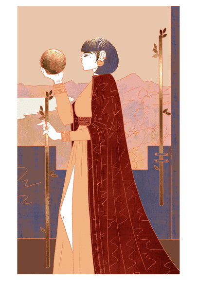 Tarotkaart Staven Twee: een figuur in een mantel houdt een wereldbol vast, met twee staven en een landschap op de achtergrond.