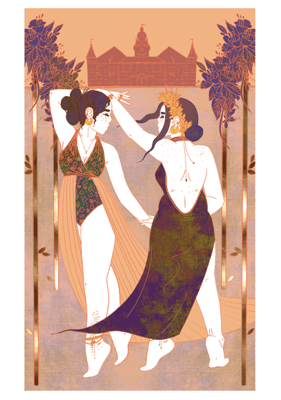 Tarotkaart Staven Vier: twee dansende figuren onder een versierde poort met bloemen, met een gebouw op de achtergrond.