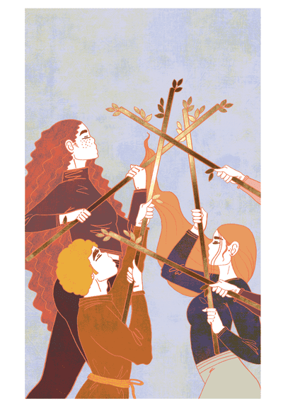 Tarotkaart Staven Vijf: vijf figuren houden staven omhoog die elkaar kruisen, in een scène van strijd en competitie.