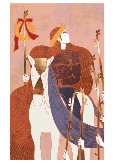 Tarotkaart Staven Zes: een figuur te paard draagt een lauwerkrans, omringd door staven, symbool voor overwinning en erkenning.