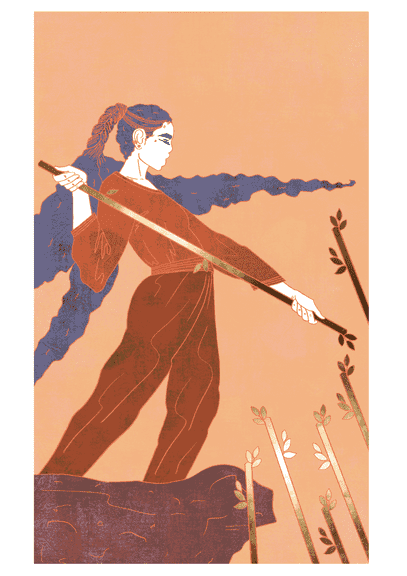 Tarotkaart Staven Zeven: een figuur verdedigt zich op hoger terrein met een staf tegen andere staven.