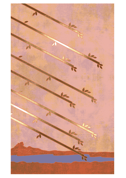 Tarotkaart Staven Acht: acht staven vliegen schuin door de lucht boven een landschap.