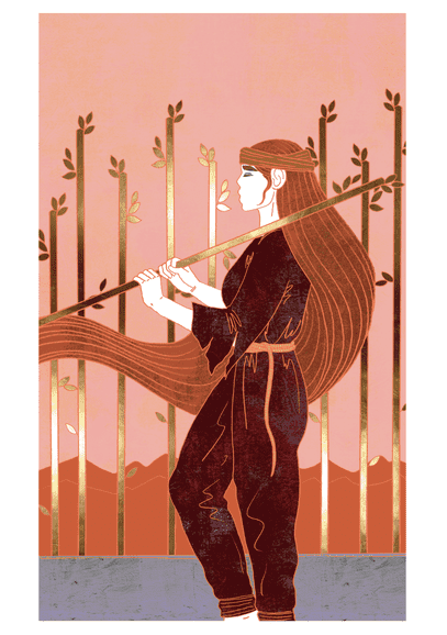 Tarotkaart Staven Negen: een figuur houdt een staf vast en staat waakzaam voor een rij van staven.