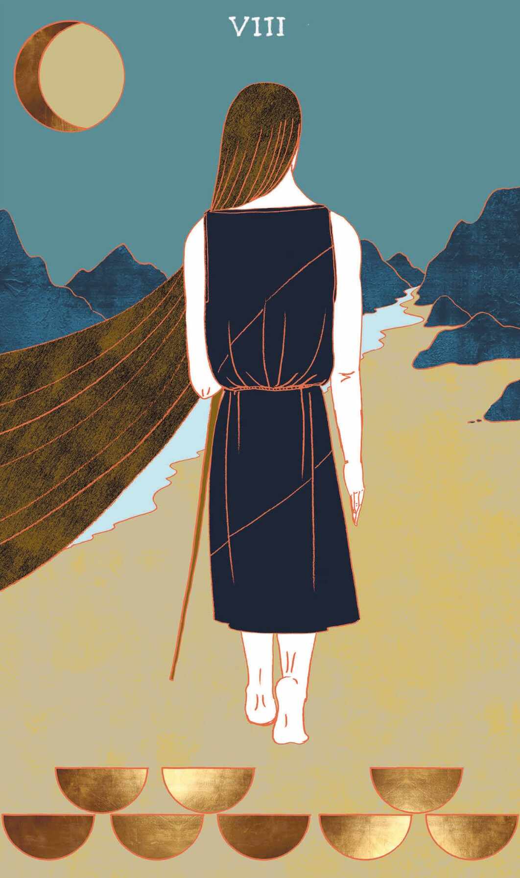 Kelken acht: Een vrouw laat acht Kelken achter zich en trekt de bergen in. Het pad is hobbelig, dus ze komt onderweg zeker uitdagingen tegen.
Misschien zoekt zij ze wel bewust op, omdat ze verlangt naar het nieuwe. De Kelken staan keurig opgesteld, maar eentje lijkt te ontbreken. Dit laat zien dat de vrouw zich niet compleet en emotioneel vervuld voelt. De meanderende rivier symboliseert haar emoties. Het is opvallend dat ze midden in de nacht gaat. Wil ze ergens aan ontsnappen?