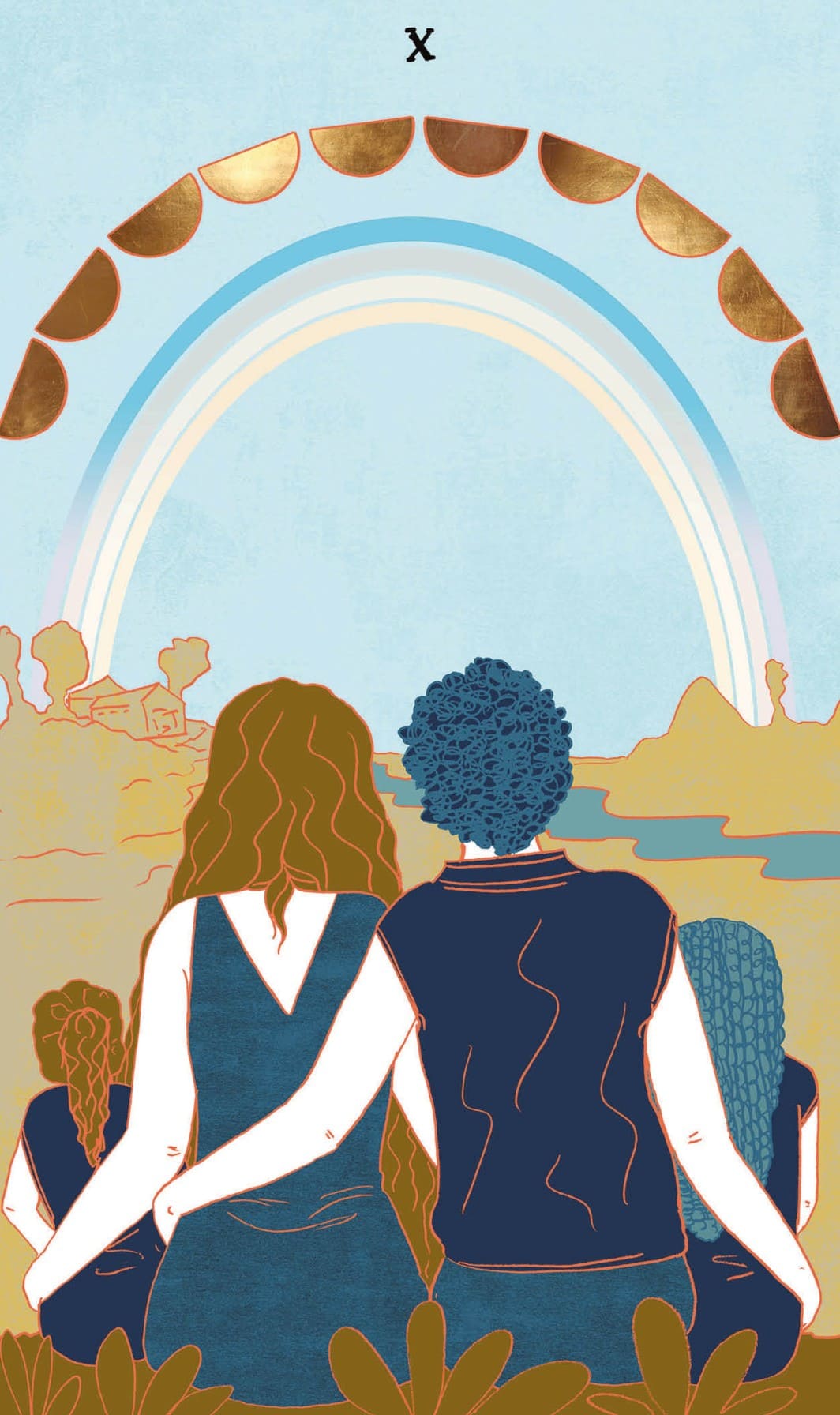 Tarotkaart Kelken Tien: Hoewel je de gezichten van de man en vrouw niet kunt zien, weet je zeker dat ze stralen. Ze houden elkaar liefdevol vast, terwijl ze naar hun huis kijken: een veilige en vruchtbare plek. Naast het stel zitten hun kinderen. Aan de hemel verschijnt een regenboog, gevuld met tien Kelken. Het is een teken van hogerhand dat alles goed komt. De rivier laat zien dat de gevoelens in deze familie rustig en vredig stromen.