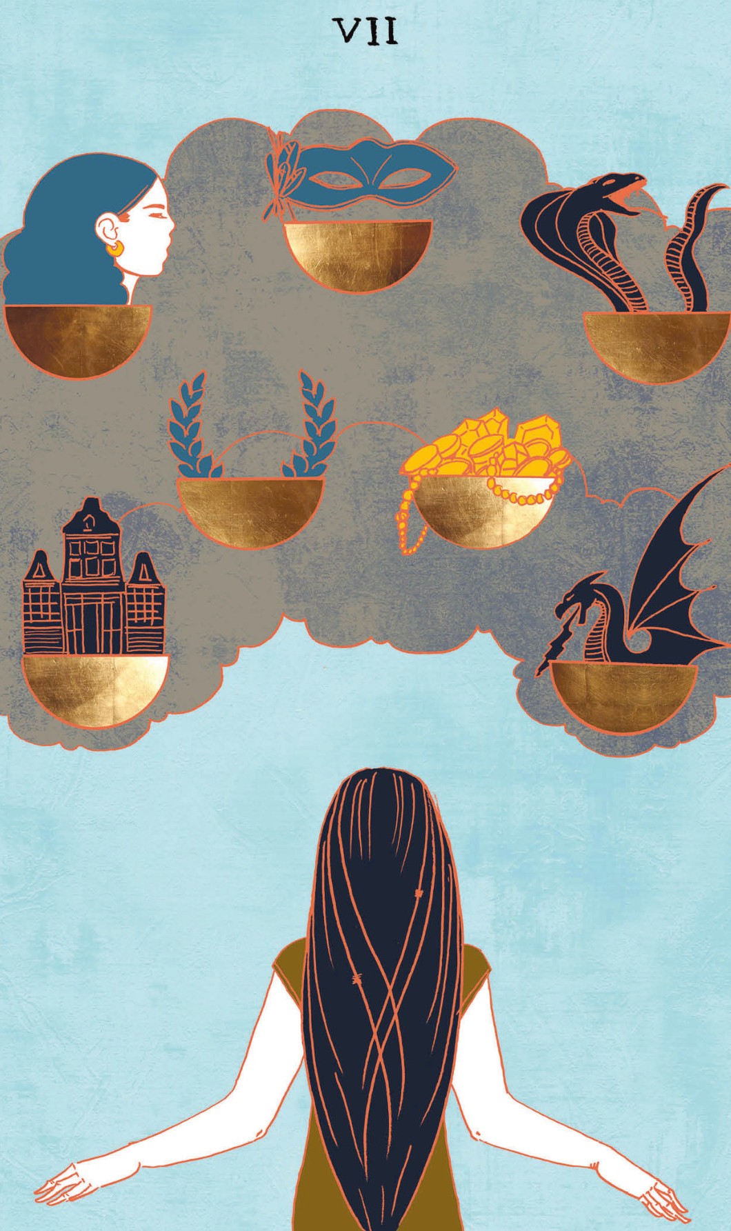 tarotkaart kelken zeven: Het is alsof de vrouw in de schaduw voor een etalage staat, waarin van alles wordt aangeboden. In elk van de zeven Kelken zit een geschenk. Sommige, zoals de juwelen en de krans (overwinning!) zijn geweldig. Andere krijg je liever niet, zoals de draak en de slang. De wolken om de Kelken heen laten zien dat het hier om, nog onbereikbare, wensen en dromen van de vrouw gaat. De boodschap: denk goed na over wat je wenst, want je wens zou weleens kunnen uitkomen…