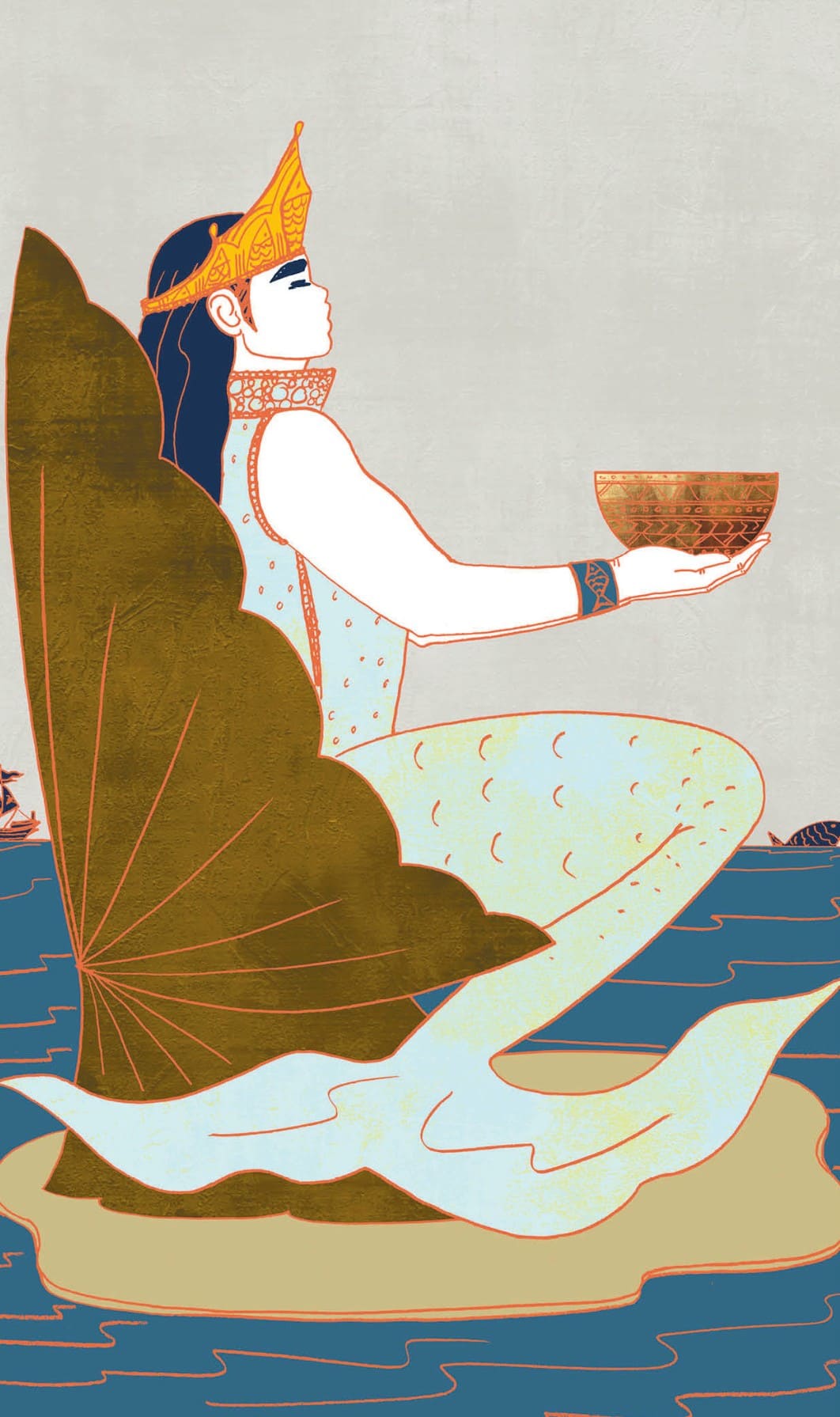 Tarotkaart Koning van Kelken: De Koning van Kelken zit op een troon die in een woelige zee (symbool voor z’n gevoelsleven) dobbert, maar hij oogt ontspannen. Deze Koning is emotioneel in balans en blijft dus kalm als de zee tekeer gaat. Net zoals het schip overeind blijft terwijl het de golven trotseert. De Kelk in zijn handen staat symbool voor emoties en zijn vissenstaart vertegenwoordigt zijn creativiteit en intuïtie.