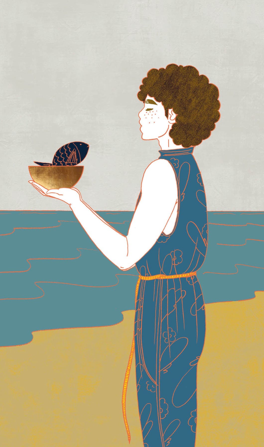 Tarotkaart Page van Kelken: Een jonge man staat op het strand. De zee golft achter hem. Hij lijkt verrast te worden door een vis die uit de Kelk in zijn handen tevoorschijn komt. Het dier kijkt hem aan, alsof hij iets belangrijk te vertellen heeft. De vis en de zee staan voor het element water: intuïtie, creativiteit, gevoelens en emoties. Net als de vis komt inspiratie meestal onverwacht.