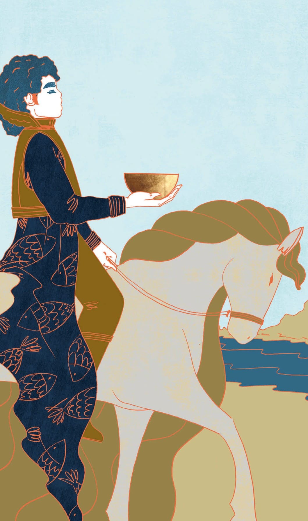 Tarotkaart Ridder van Kelken: De prins op het witte paard - oh nee, de ridder! Wat opvalt, is zijn rustige tred. Geen stofwolken of uitslaande vlammen, maar een kalm paard met een jonge ridder erop, die in zijn rechterhand een Kelk vasthoudt. Het is net alsof hij ons deze aanbiedt. Onder zijnharnas draagt hij een mantel met vissen erop, het symbool van intuïtie en creativiteit. De vleugels aan zijn kraag laten zien dat hij een levende verbeelding heeft. Het ‘witte’ paard staat voor zuiverheid en spiritualiteit.