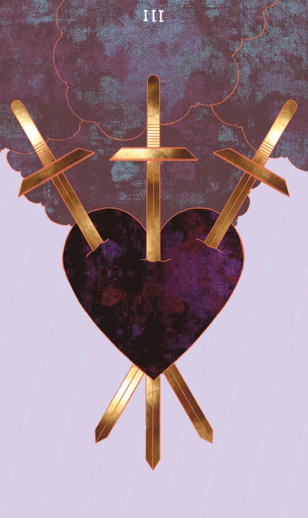 Tarotkaart Zwaarden Drie: Een zwevend hart wordt doorboord door drie vlijmscherpe Zwaarden. Au! We worden tot in het diepste van ons hart geraakt, daar waar onze gevoelens, onze liefde en compassie wonen. De donkere wolken benadrukken het verdriet nog eens, maar brengen tegelijkertijd een boodschap van hoop. De regen spoelt alles schoon en de wolken drijven net als dit verdriet voorbij.