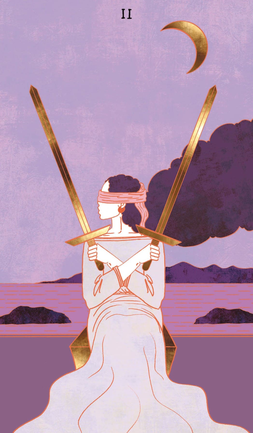 Tarotkaart Zwaarden Twee: Een geblinddoekte vrouw houdt in elke hand een Zwaard vast. De Zwaarden wijzen in tegengestelde richting, er zijn dus twee totaal verschillende opties. De vrouw weet niet wat te doen, omdat ze het probleem maar ook de oplossing niet duidelijk ziet. De evenwichtige stand van de Zwaarden toont dat ze beide kanten van de situatie bekijkt. Wil ze tot een oplossing komen, dan moet ze naar haar hoofd (Zwaard), maar ook naar haar hart (de zee) luisteren. De maan (het onderbewuste) bevestigt dit. In het water liggen rotsen, die schepen tot stilstand brengen. Er is dus geen vooruitgang mogelijk…