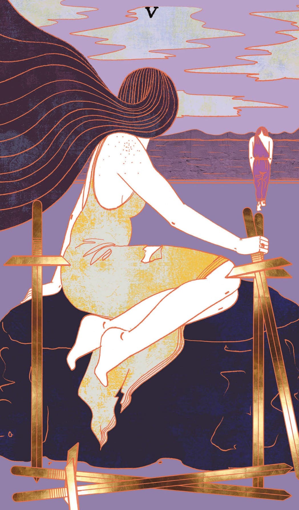 Tarotkaart Zwaarden Vijf: Een vrouw raapt drie Zwaarden van de grond op. Ondertussen kijkt ze over haar schouder naar een man die langzaam wegloopt. Hij wekt een verdrietige en verslagen indruk. Op de grond liggen nog twee Zwaarden, wat laat zien dat er zojuist een gevecht tussen de twee is geweest. De storm jaagt de wolken door de lucht en laat het water woelen, wat een teken is dat de rust nog niet is teruggekeerd.