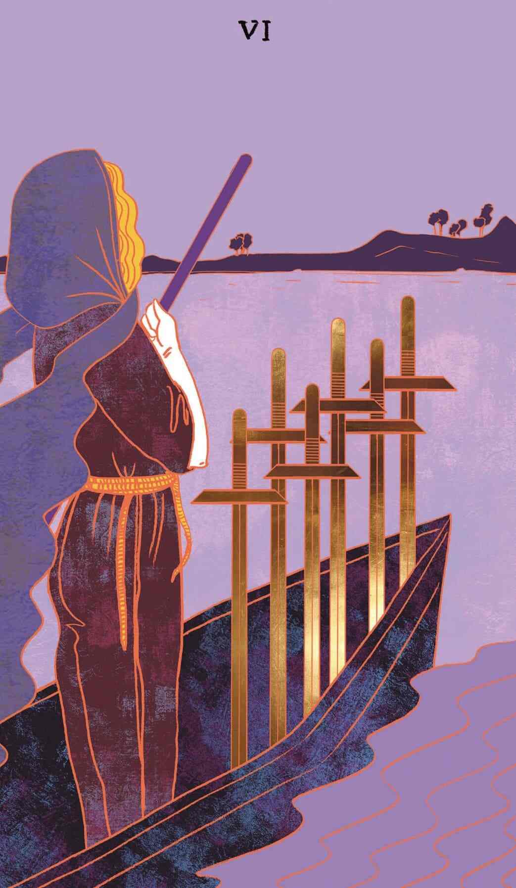 Tarotkaart Zwaarden Zes: Een vrouw roeit weg in een boot en laat het verleden achter zich. De doek om haar hoofd wekt de indruk dat er gevoelens van verdriet
en verlies zijn. Ze vertrekt, maar neemt haar problemen met zich met in de vorm van zes Zwaarden die rechtop staan. Het water rechts van de boot is woelig, links is het kalm. Dit laat zien dat ze een roerige periode afsluit en nu in rustiger vaarwater terechtkomt. Betere tijden zijn in zicht: de overkant is vlakbij.